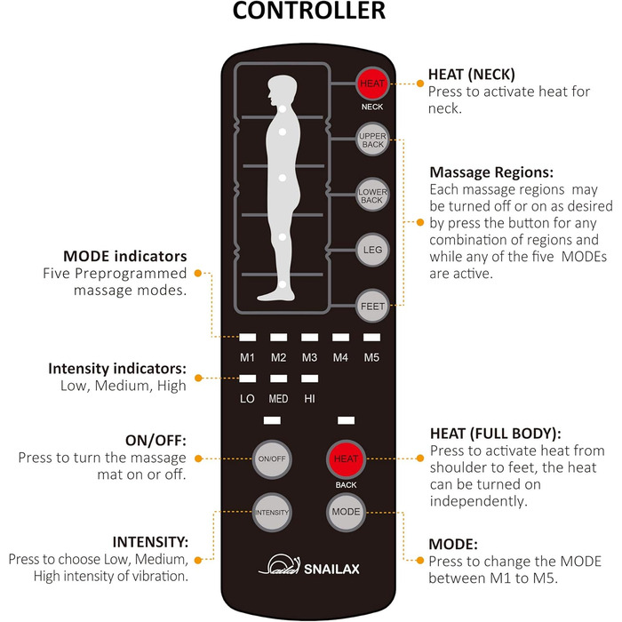 Масажний килимок Snailax з підігрівом та вібрацією - 6 зон терапії для тіла, зняття болю в шиї, спині, попереку та ногах