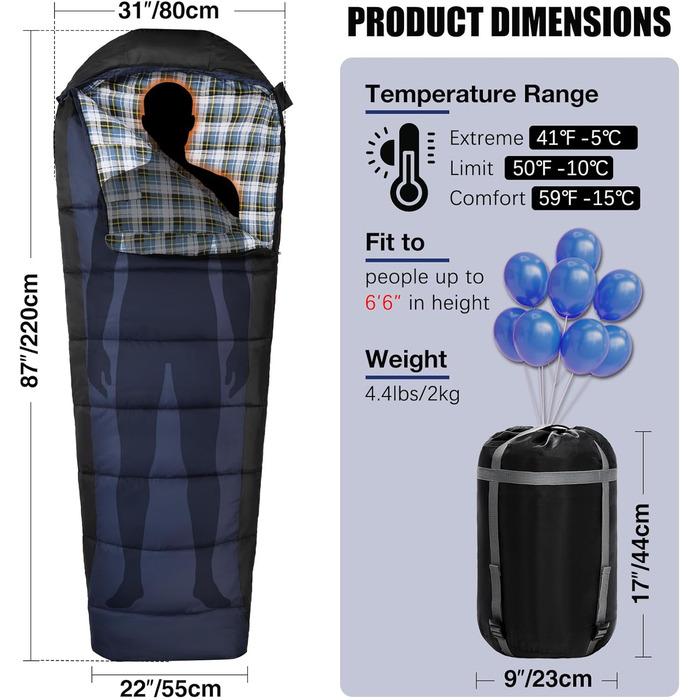 Спальний мішок Redcamp Baumwoll-Flanell для кемпінгу, 3 сезони, теплий та комфортний, вага 2/3/1.8 кг, колір Marineblau (синій)