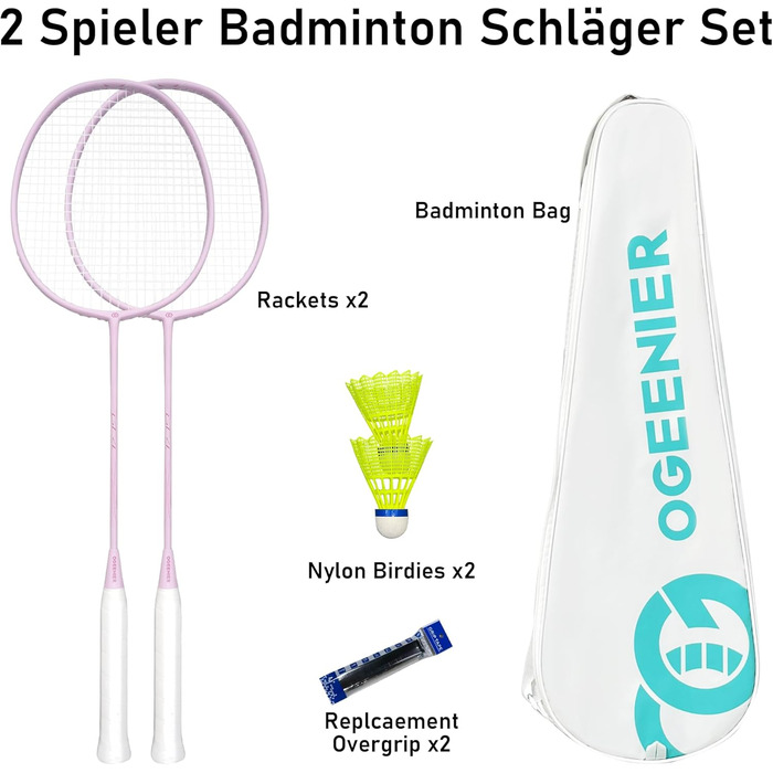 Набір для бадмінтону OGEENIER: 2 ракетки, обмотка, 2 волани, 1 ракетка з сумкою (білий, рожевий, 3 1/4 дюйма)