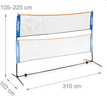 М'яка сітка для бадмінтону Relaxdays з регулюванням висоти до 225 см, з підставкою, чорно-синя