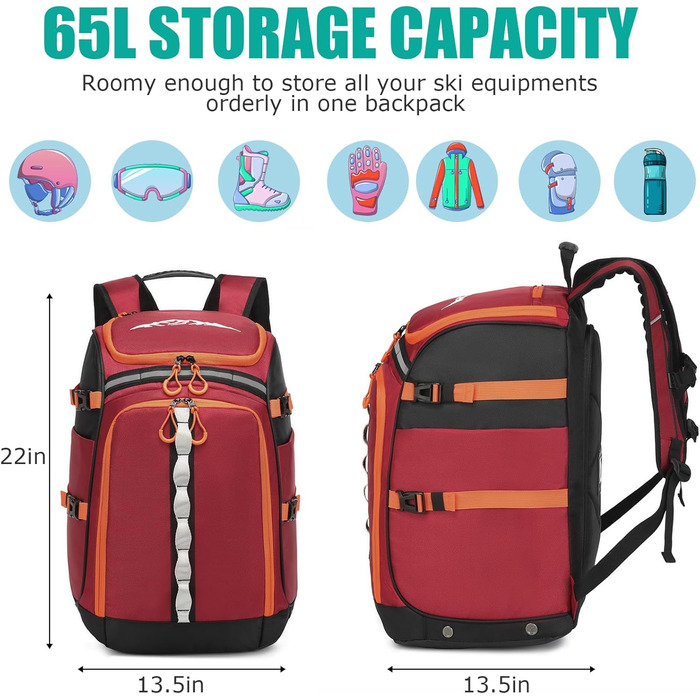 Сумка для лижних черевиків з відділенням для шолома, 65L, нейлон, рюкзак для лиж, роликів, ковзанів (червоний)