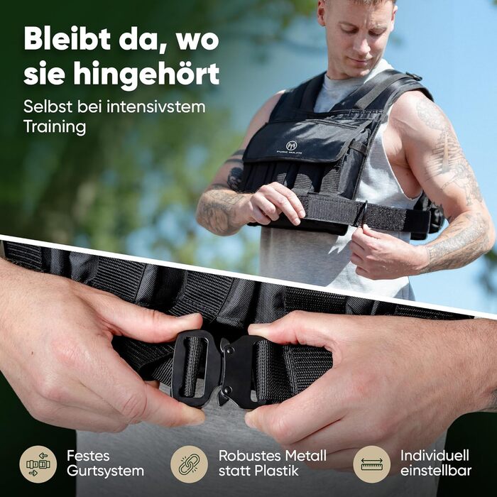 Вага для тренувань PURE MAJIN® 20 кг, регульована, з кишенею та металевим ременем | Фітнес, воркаут, біг, калістеніка, обладнання, вага, тренування - чорний або камуфляжний чорний