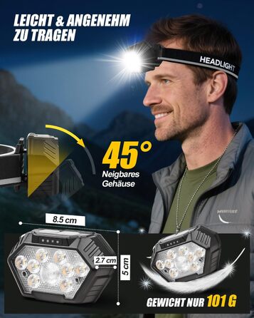 LED налобний ліхтар налобний ліхтар, перезаряжається, 9 LED, 1500mAh, кут нахилу 45°, 4 режими світла з датчиком руху, червоне світло, водонепроникний IPX4, для бігу вночі, піших прогулянок, кемпінгу, риболовлі, чорний