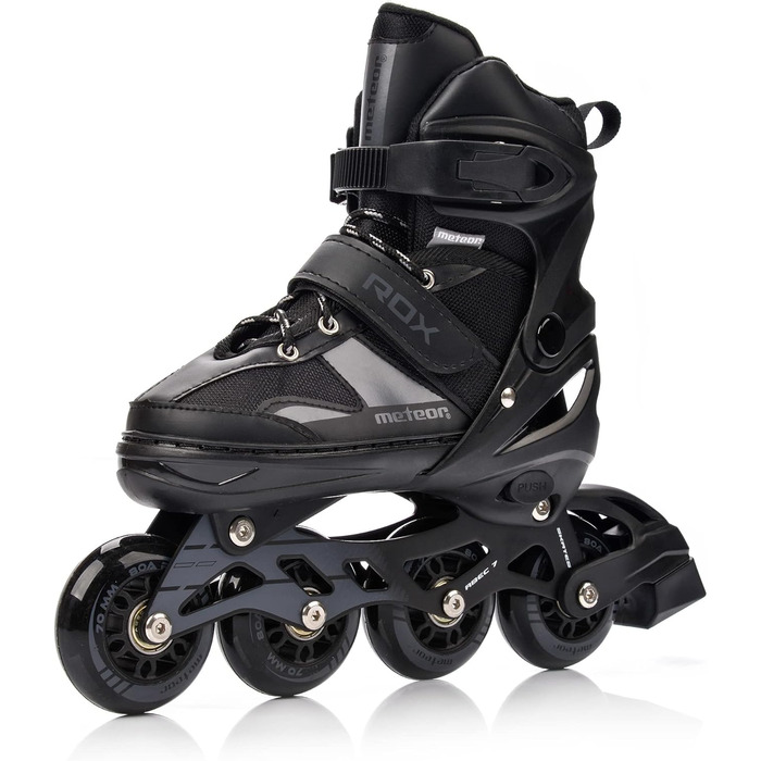 Дитячі ролики Meteor Rox з регулюванням – інлайнери для дівчаток та хлопчиків, підшипники ABEC-7 Carbon, колеса PU 72mm 80A, алюмінієвий фрейм, розміри S30-33, M34-37, L38-41 (L 38-41, Чорний)