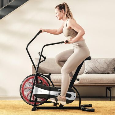Велотренажер SportPlus Air Bike з повітряним опором, сумісний з додатком, для HIIT, домашній фітнес, підсвічування дисплея, навантаження до 100 кг, чорний/червоний, не підтримує додатки
