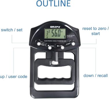 Цифровий ручний динамометр GRIPX для вимірювання сили хвата, електронний, 90 кг / 198 lbs, чорний