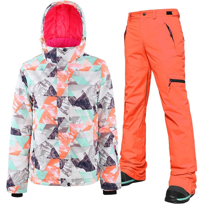 Водонепроникний та вітронепроникний комплект для лижного спорту для жінок, теплий зимовий костюм для катання на лижах, сноуборді та піших прогулянок (2 помаранчевий + чорний) (M, 2 помаранчевий + помаранчевий)