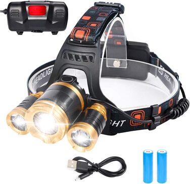 Фронтальний ліхтар Flintronic LED з акумулятором USB, COB, 90° обертання, IP64, Zoom, 3 режими, 800 Люмен для бігу/велосипеда/риболовлі/кемпінгу (2 x 18650, жовтий, 4 режими, 1500LM)