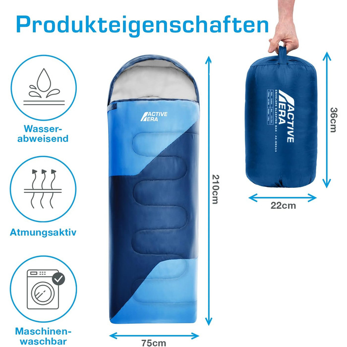 Сплячий мішок Active Era Premium Mumienschlafsack 250 GSM для зими та літа, 0°C - 15°C, кемпінг, фестивалі, водонепроникний, ультралегкий, малий об'єм (Блакитний)