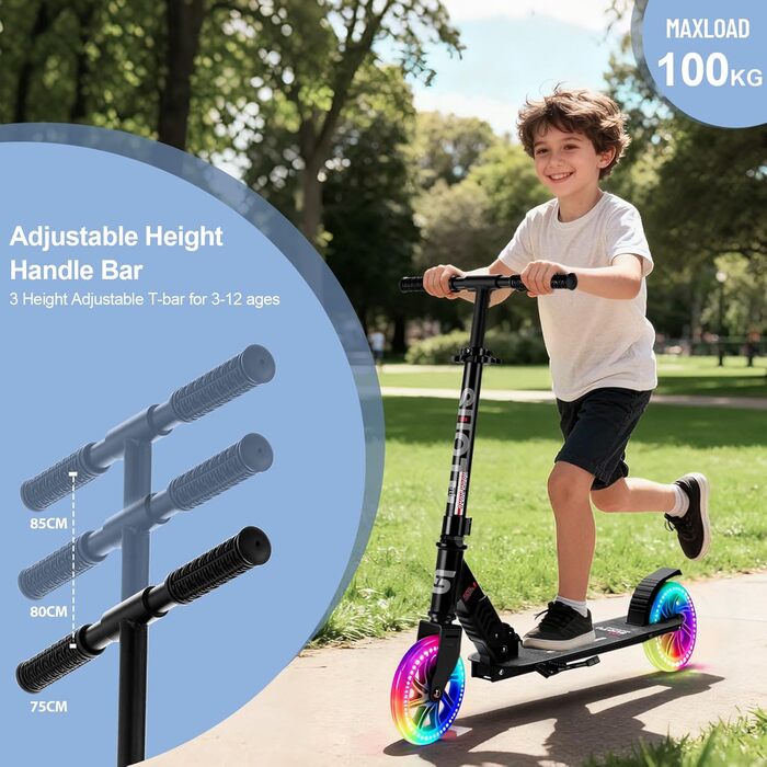 Самокат дитячий SUOTU з колесами 145 мм, до 100 кг, світлодіодами, складаний, регульована висота, для хлопчиків та дівчаток, алюмінієвий, чорний