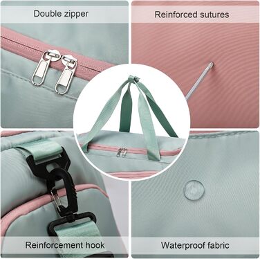 Спортивна сумка для жінок 45L з відділенням для взуття, мокрою сумкою, водонепроникна, для подорожей, спортзалу, басейну. Сумка-рюкзак для фітнесу, спорту, подорожей. Зелена/Рожева.