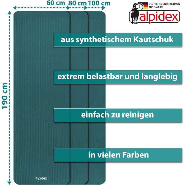 ALPIDEX Йога-мат товстий 1,5 см, гімнастичний килимок 190x80, нековзкий, без фталатів, для фітнесу, пілатесу, спорту, HIIT, фізіотерапії, ізоляційний, з ременем, бірюзовий