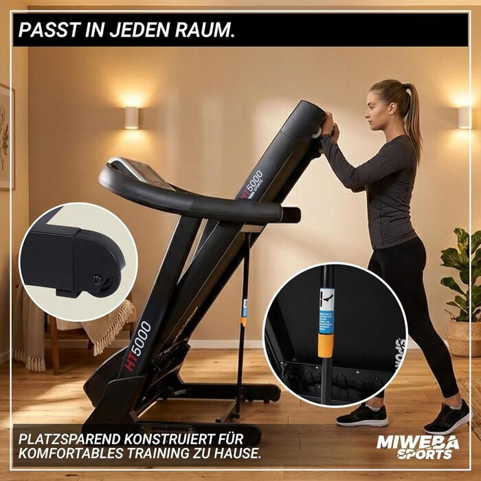 Електричний біговий тренажер Miweba Sports HT5000 | 7 PS, 18 км/год, нахил до 15%, вантажопідйомність 150 кг, з додатком, складаний, велика площа для бігу, 12 програм, для дому, чорний