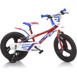 Дитячий велосипед Dino Bikes 14 дюймів для хлопчиків з ручними гальмами, допоміжними колесами, червоно-синьо-білий