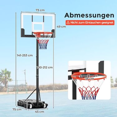 Кош для баскетболу Costway Outdoor, регульована висота 155-210/170-230 см, мобільна баскетбольна установка з роликами, для дітей та юнаків 100-212 см