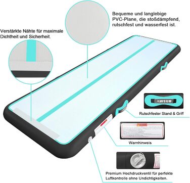 AWSUM Надувний гімнастичний мат, 2/3/4/5/6м, 10/20см, для йоги, фітнесу, дому, на вулицю, з насосом, Mint Green/Black