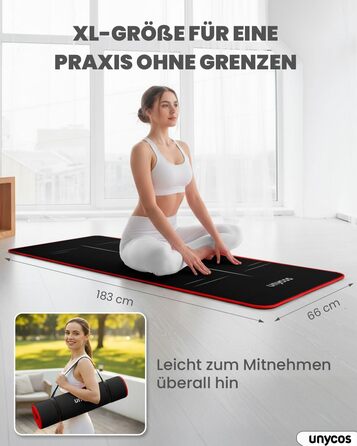 Килимок для йоги Unycos з неслизькою поверхнею | Висока щільність 6/10/15 мм, фітнес-килимок для гімнастики з ременем для перенесення【включено E-Book】Шкірно-дружній килимок для пілатесу, тренувань, спортзалу (#17 Чорний + Червоний, 183*66*1 см)
