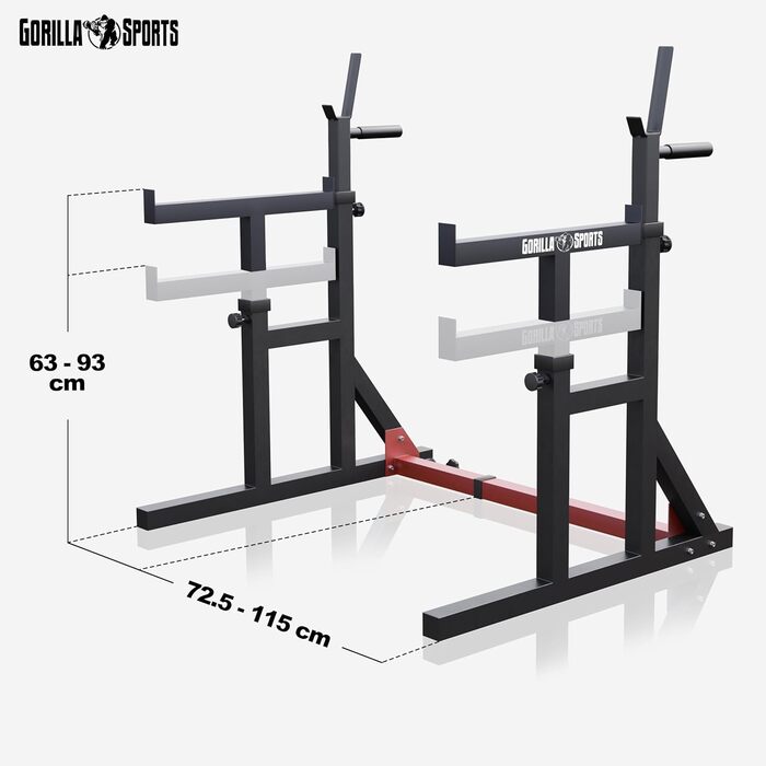 GORILLA SPORTS® Стійка для присідань із турніком, регульована висота і ширина, навантаження до 300 кг, чорна – стійка для штанги, для присідань, для жиму лежачи