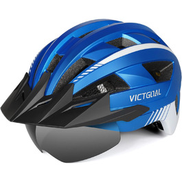 Велосипедний шолом VICTGOAL MTB з магнітним візором, LED підсвіткою, знімним козирком, для дорослих чоловіків і жінок, металево-синій, розмір L (57-61 см)