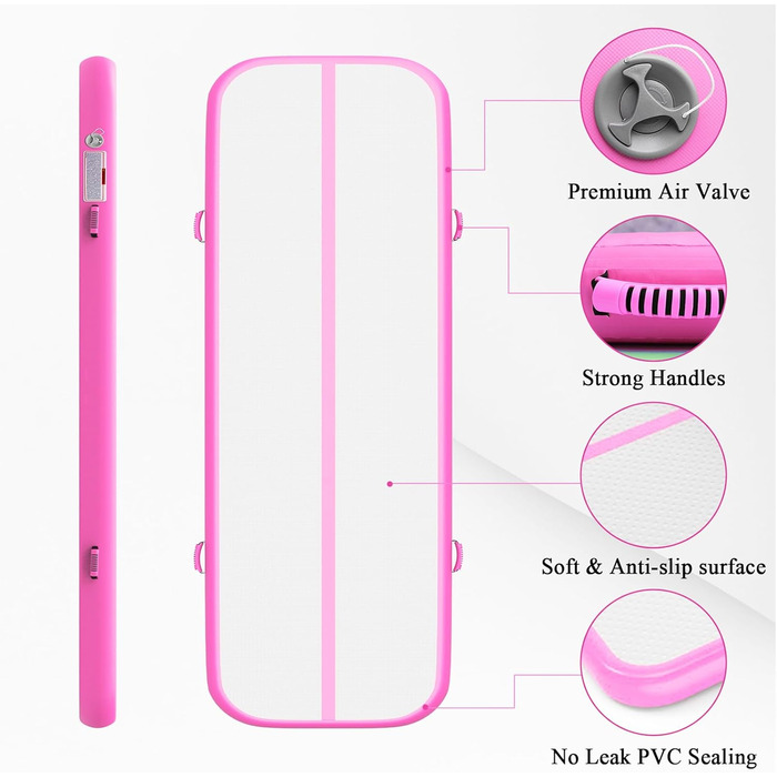 Надувний гімнастичний мат для тамблінгу та йоги з насосом, мат для стрибків та черлідингу, 300x100x10 см, рожевий
