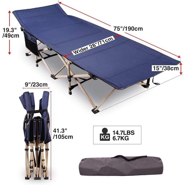 Розкладне ліжко для кемпінгу CampMax - XXL, 190x71x38 см, 226 кг, для відпочинку на природі, блакитне