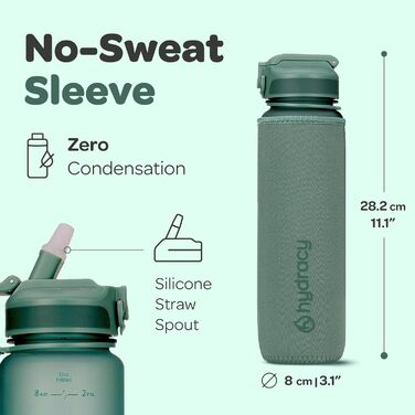 Пляшка для води Hydracy з трубочкою та часовими мітками 1 л, спортивна, без BPA, проти протікання, конденсату, для спорту та активного відпочинку, зелена «Місячне сяйво»