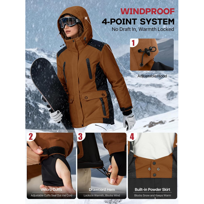 Водонепроникна зимова куртка FREE SODIER для жінок, тепла флісова підкладка, капюшон, зварні шви, колір: гірчичний (XL)