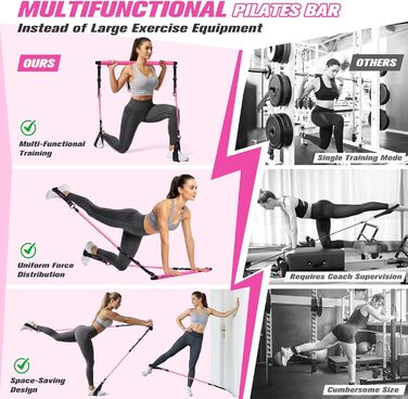 Набір для пілатесу HPYGN з 4 еластичними стрічками, регульоване обладнання для пілатесу для жінок та чоловіків, багатофункціональний набір для фітнесу, стрічки для стегон, ніг, рук, домашній спортзал, йога, силові тренування, розтяжка, рожевий