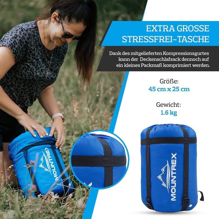 Спальний мішок MOUNTREX -5°C / 10°C для кемпінгу та відпочинку на природі. Дека-спальник 205 x 75 см, 3 сезони, легкий та теплий (1.6 кг). Підходить для чоловіків, жінок та дорослих. Можливість з'єднання блискавками (RV) - колір: блакитний.