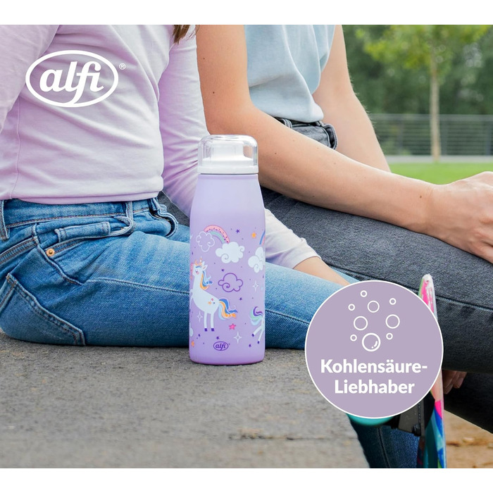 Дитяча термос-пляшка alfi KIDS ISO 350 мл, ліловий Єдиноріг, нержавіюча сталь, герметична, зберігає тепло 12 годин, холод 24 години, для газованих напоїв, BPA-free