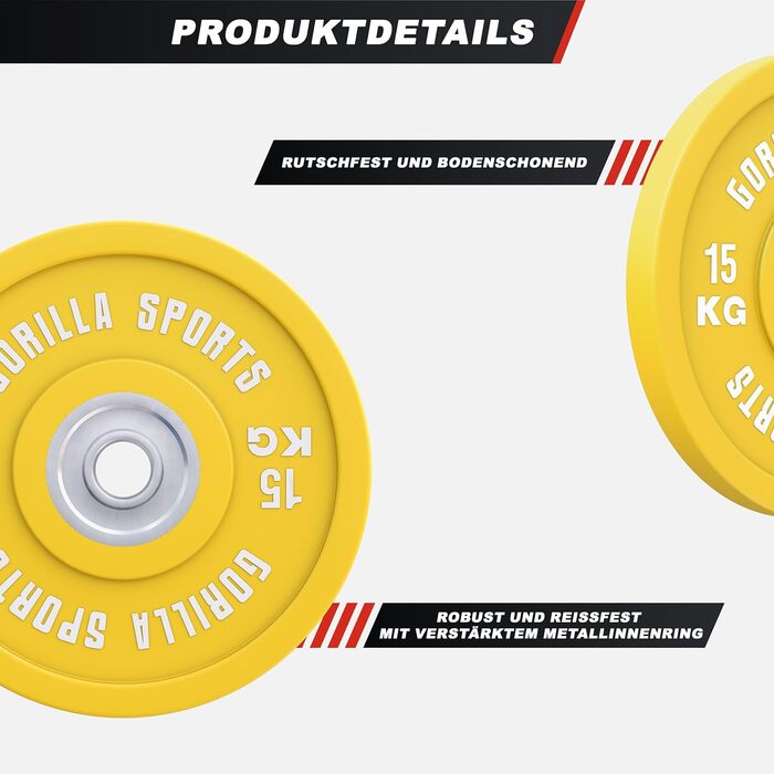 Бамперні диски GORILLA SPORTS 15 кг, Ø50 мм, чавун, гумові, для олімпійської штанги