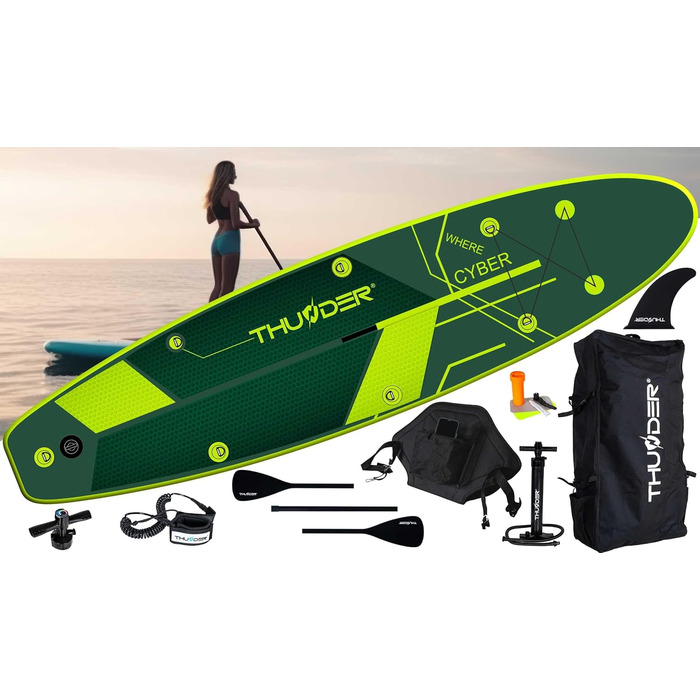 Надувна SUP-дошка THUNDER 320/365 см, зелена, антиковзка, PVC, з помпою, рюкзаком та регульованим веслом – ідеальна для заміни каяка або понтона