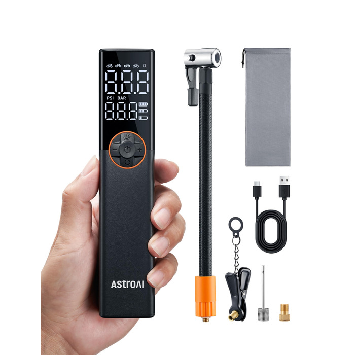 AstroAI Електрична велосипедна помпа, 150 PSI, портативна, акумуляторна, універсальна, для всіх типів велосипедів, з високопродукним мотором, перезаряджається, для міських, шосейних та гірських велосипедів, помаранчевого кольору