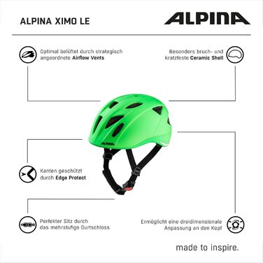 Дитячий велосипедний шолом Alpina XIMO L.E., легкий, міцний, із LED-підсвіткою, зелений матовий, 49-54 см