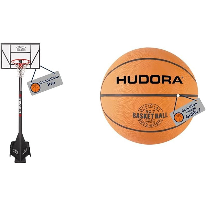 Баскетбольний стенд HUDORA Competition Pro, регульований, з кільцем та м’ячем, мобільний, для дітей, підлітків і дорослих, для вулиці