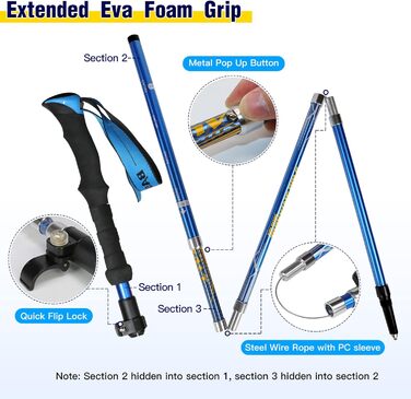 Трекінгові палиці HUGSEE - розкладні телескопічні палиці для Nordic Walking, легкі палиці для піших прогулянок 110-135см (2 шт.) блакитні