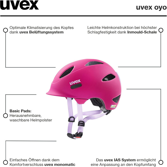 Дитячий велосипедний шолом Uvex Oyo, розмір 50-54 см, легкий, регульований, з можливістю встановлення LED-ліхтаря, колір ягідний/ліловий матовий