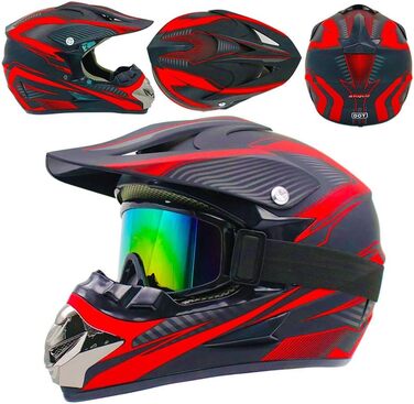 Мотошолом Racing Motocross з окулярами та рукавичками (4 шт.) - комплект для катання на мотоциклі, dirt bike, off-road, для дорослих та дітей, червоні лінії, L (56-57 см)