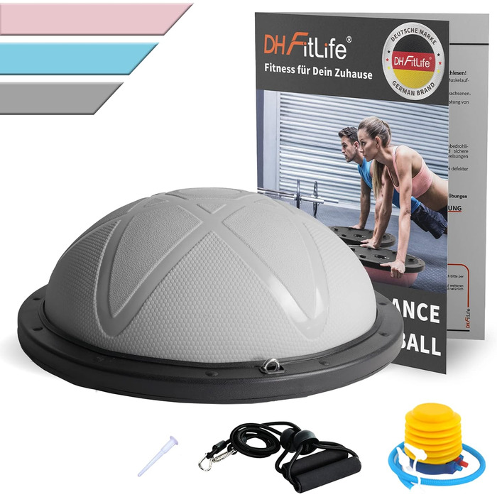 Балансувальний м'яч DH FitLife для йоги та фітнесу, діаметр 60 см, до 200 кг, напівсфера з насосом і 2 фітнес-стрічками, сірий
