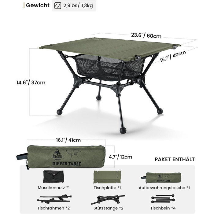 OneTigris Dipper: Складаний туристичний стіл для кемпінгу та риболовлі, 60 x 40 x 37 см, Ranger Green