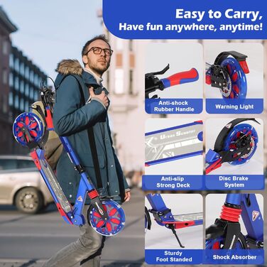 Самокат трюковий Kickscooter LED-синій, для дітей 8-12 років та дорослих, колеса 200 мм, дискові гальма, складаний, з ременем та подвійною амортизацією