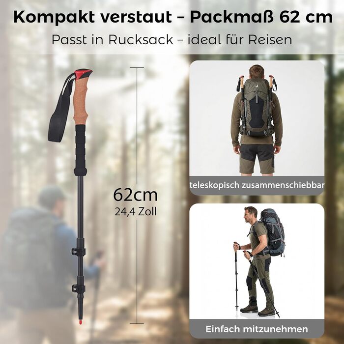 Комплект карбонових палиць для скандинавської ходьби та трекінгу (2 шт), ультралегкі, регульовані 62–135 см, з корковими ручками, для чоловіків та жінок