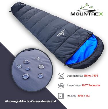 Сплячий мішок MOUNTREX® - ультралегкий, компактний (760г/1500г) - для кемпінгу, подорожей, фестивалів. 3-4 сезони, Mumienschlafsack, 1500г (RV Links). Темно-синій/синій.