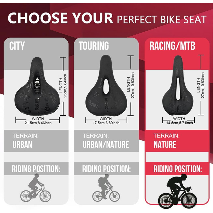 Велосипедне сідло HUGEOAKS для чоловіків та жінок: комфортне, для MTB, шосе, тренажера, DH, BMX