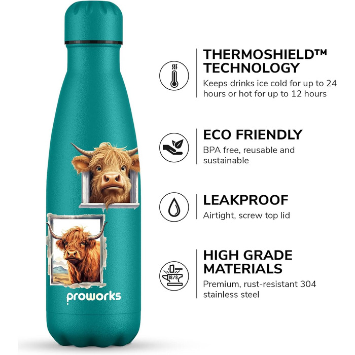 Термос Proworks 500 мл, BPA-free, для спорту і подорожей, чорний, порошкове покриття, зберігає тепло і холод до 24 годин
