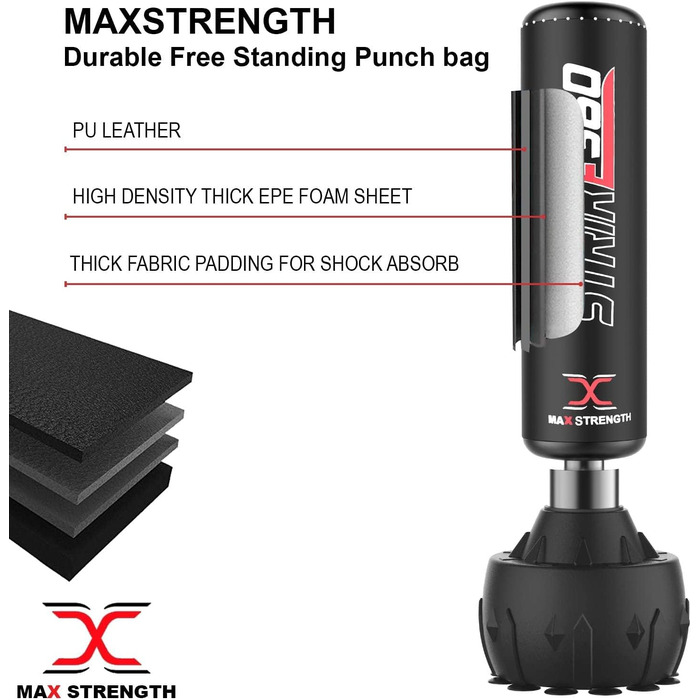 MaxStrength Вільностоячий боксерський або кікбоксерський мішок 1,7/1,8 м для єдиноборств, ММА, фітнесу, міцна стійка-мішок
