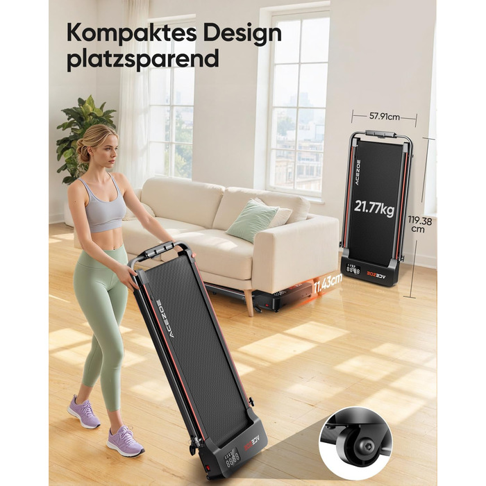 Біговий тренажер 6 в 1 для дому, складаний, з регулюванням нахилу 10% та ручкою. Підходить для дому/офісу, LED-дисплей, до 135 кг, пульт дистанційного керування та додаток. Без встановлення (червоний)