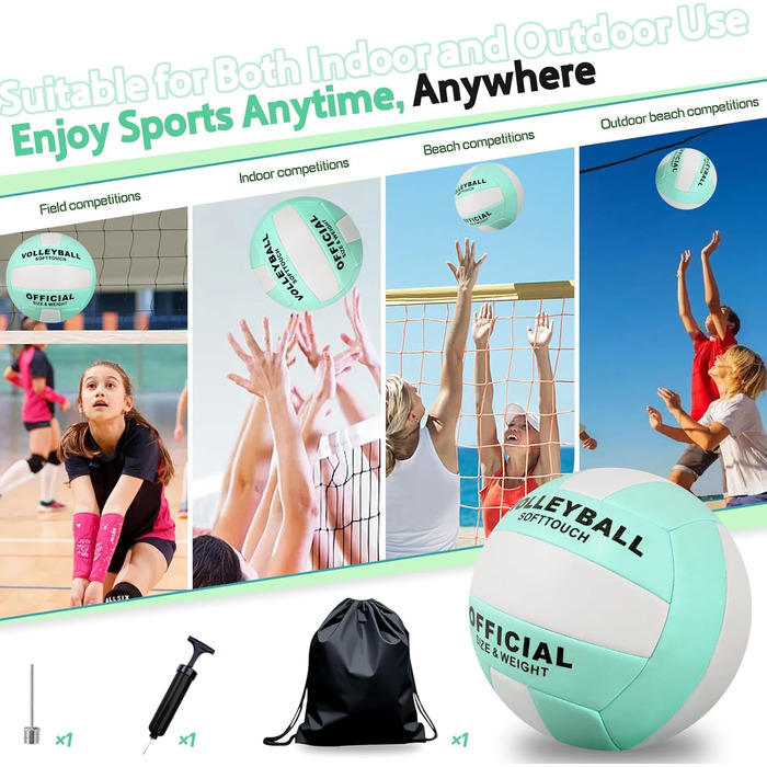 Волейбольний м'яч Aipwerer: для пляжу, залу та тренувань. З насосом та сумкою. Зелено-білий, розмір 5