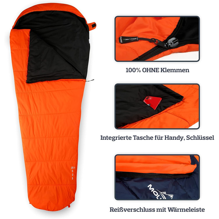 Сплячий мішок MOUNTREX® - ультралегкий, компактний (760г/1500г) - Outdoor, літній, 3-4 сезони (300г/м²) - мішковидний, для кемпінгу, подорожей, фестивалів - теплий, з'єднувальний (Orange, 3 сезони - 1500г (RV Links))