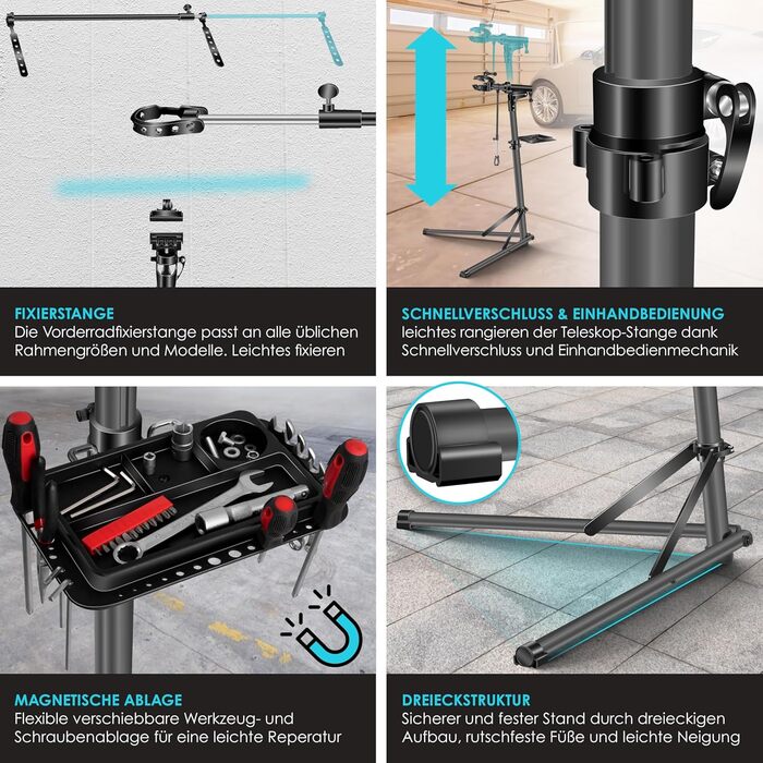Підставка для велосипедів KESSER® Profi Alu: для ремонту та збирання гірських, електровелосипедів. 360° обертання, сумка, ремкомплект, магнітний органайзер для інструментів (антрацит)